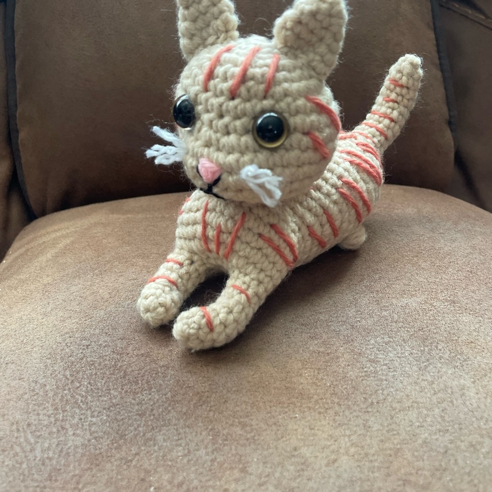 Handmade Crocheted Kitten Plush - Beige with Coral Accents